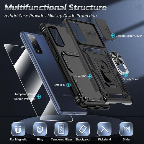 LeYi for Galaxy-S20-FE-5G-Case: with Screen Protector and Slide Camera Cover, Military-Grade Heavy Duty Shockproof Protective Phone Case Cover with Metal Ring Kickstand for Samsung S20 FE 5G, Black in Saudi Arabia