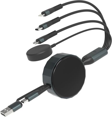 Retractable 4 in 1 Multi Charging Cable with Samsung Watch Charger - 100W Multi Charger Adapter Lightning/Type C/Micro USB, for Samsung Watch, iPhone, Android Phone, iPad, MacBook, Laptop, 4FT in Kuwait
