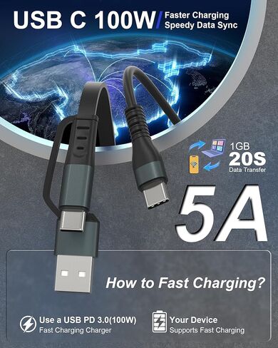 Retractable 4 in 1 Multi Charging Cable with Samsung Watch Charger - 100W Multi Charger Adapter Lightning/Type C/Micro USB, for Samsung Watch, iPhone, Android Phone, iPad, MacBook, Laptop, 4FT in Kuwait