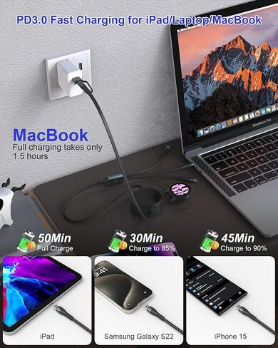 Retractable 4 in 1 Multi Charging Cable with Samsung Watch Charger - 100W Multi Charger Adapter Lightning/Type C/Micro USB, for Samsung Watch, iPhone, Android Phone, iPad, MacBook, Laptop, 4FT in Kuwait