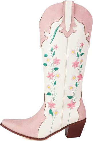 YIYA Women's Pink Floral Embroidered Western Cowboy Boots Cute Knee High Cowgirl Boots Pointed Toe Chunky Stacked Heel Retro Classic Tall Boot in Kuwait