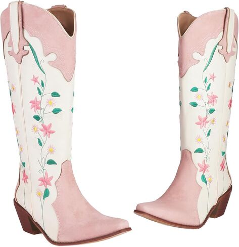 YIYA Women's Pink Floral Embroidered Western Cowboy Boots Cute Knee High Cowgirl Boots Pointed Toe Chunky Stacked Heel Retro Classic Tall Boot in Kuwait