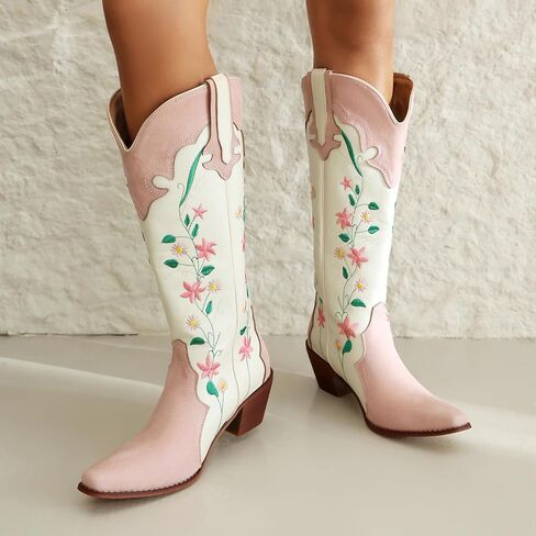 YIYA Women's Pink Floral Embroidered Western Cowboy Boots Cute Knee High Cowgirl Boots Pointed Toe Chunky Stacked Heel Retro Classic Tall Boot in Kuwait