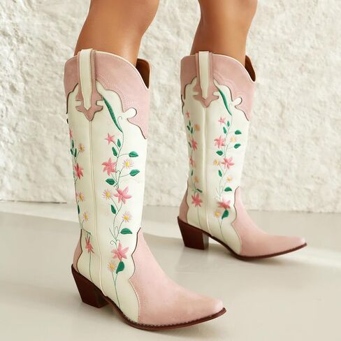 YIYA Women's Pink Floral Embroidered Western Cowboy Boots Cute Knee High Cowgirl Boots Pointed Toe Chunky Stacked Heel Retro Classic Tall Boot in Kuwait