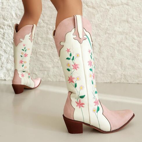 YIYA Women's Pink Floral Embroidered Western Cowboy Boots Cute Knee High Cowgirl Boots Pointed Toe Chunky Stacked Heel Retro Classic Tall Boot in Kuwait
