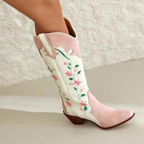 YIYA Women's Pink Floral Embroidered Western Cowboy Boots Cute Knee High Cowgirl Boots Pointed Toe Chunky Stacked Heel Retro Classic Tall Boot in Kuwait