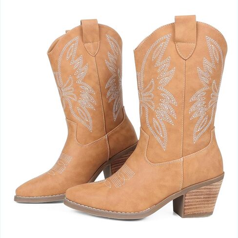 Womens Cowboy Boots Embroidered Western Cowgirl Mid Calf Boots with Block Chunky Heel Comfortable Retro Pull On Pointed Toe Wide Calf Long Tall in Saudi Arabia