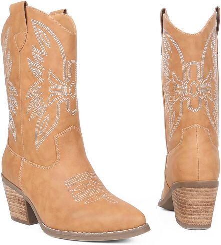 Womens Cowboy Boots Embroidered Western Cowgirl Mid Calf Boots with Block Chunky Heel Comfortable Retro Pull On Pointed Toe Wide Calf Long Tall in Saudi Arabia