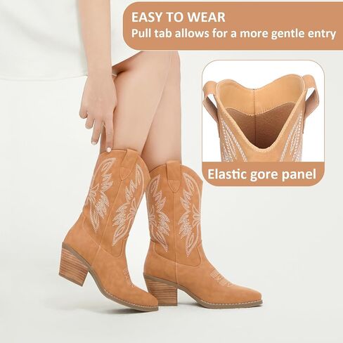Womens Cowboy Boots Embroidered Western Cowgirl Mid Calf Boots with Block Chunky Heel Comfortable Retro Pull On Pointed Toe Wide Calf Long Tall in Saudi Arabia