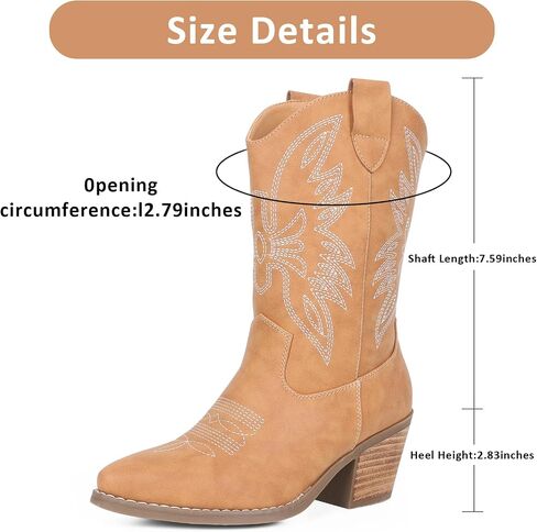 Womens Cowboy Boots Embroidered Western Cowgirl Mid Calf Boots with Block Chunky Heel Comfortable Retro Pull On Pointed Toe Wide Calf Long Tall in Saudi Arabia