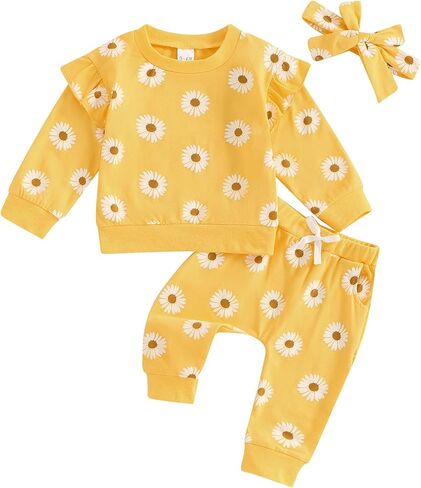 ZAXARRA Newborn Toddler Baby Girl Fall Winter Outfits Daisy Print Sweatshirts Tops Pants Cute Bow Headband Clothing Sets in Saudi Arabia