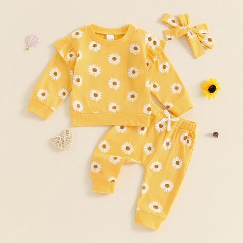 ZAXARRA Newborn Toddler Baby Girl Fall Winter Outfits Daisy Print Sweatshirts Tops Pants Cute Bow Headband Clothing Sets in Saudi Arabia