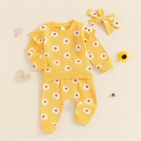 ZAXARRA Newborn Toddler Baby Girl Fall Winter Outfits Daisy Print Sweatshirts Tops Pants Cute Bow Headband Clothing Sets in Saudi Arabia