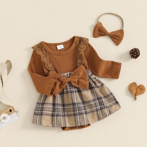 TheFound Christmas Infant Baby Girl Outfit Toddler Plaid Checked Print Ruffle Long Sleeve Romper Dress Cute Baby Xmas Clothes in Saudi Arabia