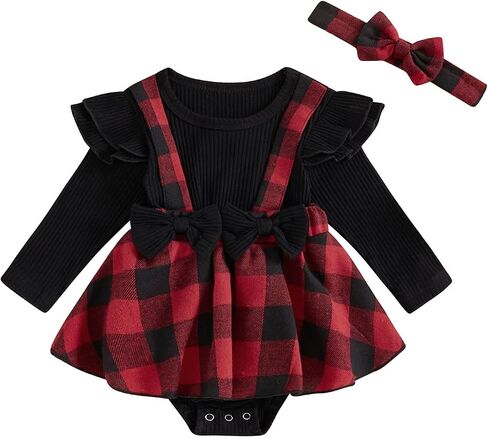 TheFound Christmas Infant Baby Girl Outfit Toddler Plaid Checked Print Ruffle Long Sleeve Romper Dress Cute Baby Xmas Clothes in Saudi Arabia