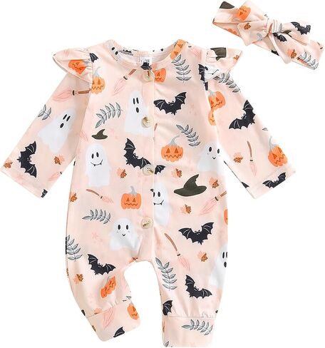 Infant Newborn Baby Girls Halloween Outfits Pumpkin Printed Long Sleeve Romper Headband Fall Set in Saudi Arabia