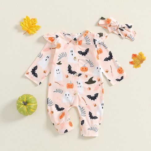 Infant Newborn Baby Girls Halloween Outfits Pumpkin Printed Long Sleeve Romper Headband Fall Set in Saudi Arabia