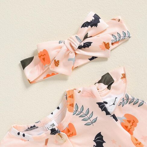 Infant Newborn Baby Girls Halloween Outfits Pumpkin Printed Long Sleeve Romper Headband Fall Set in Saudi Arabia