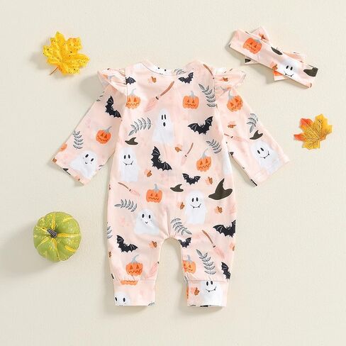 Infant Newborn Baby Girls Halloween Outfits Pumpkin Printed Long Sleeve Romper Headband Fall Set in Saudi Arabia