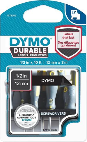 شريط ملصقات DYMO D1 متين لصانعي ملصقات LabelManager، طباعة سوداء على شريط أبيض، 1/2 بوصة عرض × 18 بوصة طول، خرطوشة واحدة in Saudi Arabia