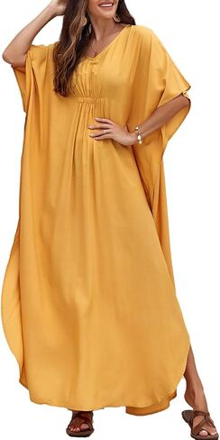 QIUYEJUO Kaftan Dresses for Women Rayon Cover Up V Neck Batwing Sleeve Plus Size Caftan Long Beach Dress Solid Color in Saudi Arabia