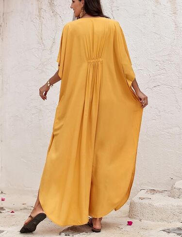 QIUYEJUO Kaftan Dresses for Women Rayon Cover Up V Neck Batwing Sleeve Plus Size Caftan Long Beach Dress Solid Color in Saudi Arabia