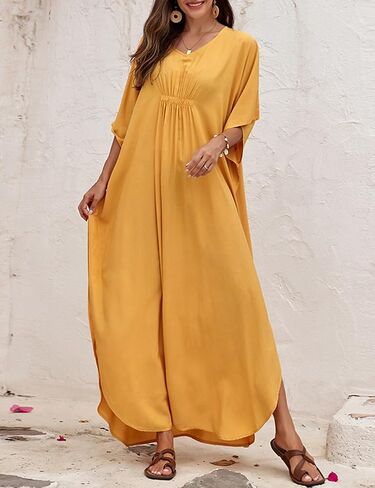 QIUYEJUO Kaftan Dresses for Women Rayon Cover Up V Neck Batwing Sleeve Plus Size Caftan Long Beach Dress Solid Color in Saudi Arabia