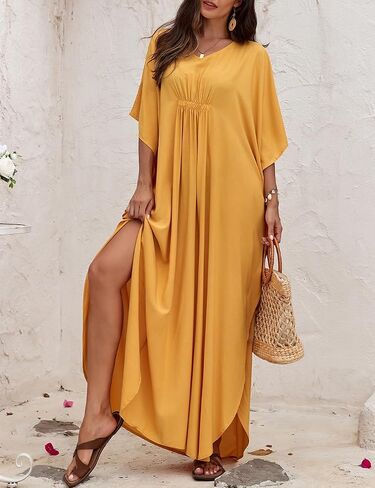 QIUYEJUO Kaftan Dresses for Women Rayon Cover Up V Neck Batwing Sleeve Plus Size Caftan Long Beach Dress Solid Color in Saudi Arabia