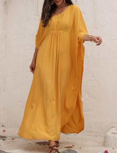 QIUYEJUO Kaftan Dresses for Women Rayon Cover Up V Neck Batwing Sleeve Plus Size Caftan Long Beach Dress Solid Color in Saudi Arabia