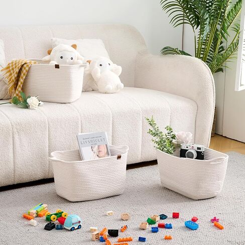 Rectangle Storage Baskets Cotton Rope Woven Baskets Square Organizing Storage Bins Toy Bins, Closet, Baby Nursery for Shelves, White_ 3P in Saudi Arabia