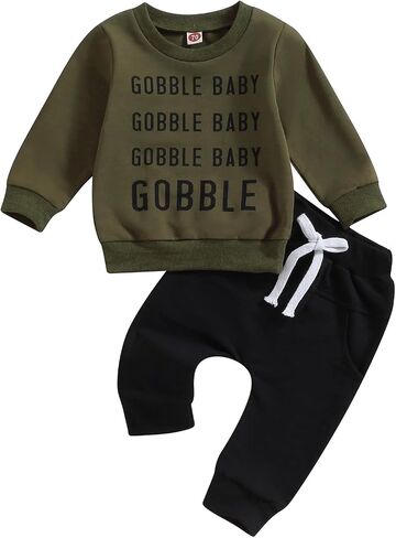 Baby Boy Girl Thanksgiving Outfit Gobble Long Sleeve Sweatshirt Elastic Waist Jogger Pants Set Toddler 2Pcs Outfit in Saudi Arabia
