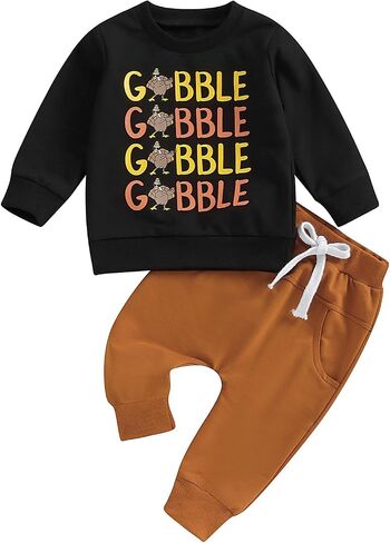 Baby Boy Girl Thanksgiving Outfit Gobble Long Sleeve Sweatshirt Elastic Waist Jogger Pants Set Toddler 2Pcs Outfit in Saudi Arabia