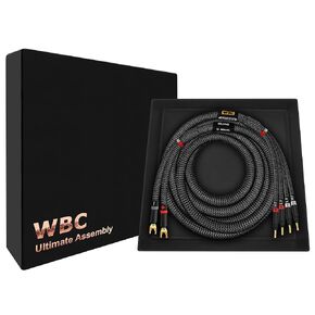 أفضل الكابلات في العالم بطول 3 أقدام - 9 AWG - OFC فائق النقاء - كابل مكبر صوت ثنائي السلك عالي الجودة لعشاق الصوت للقناة المركزية - موز ذهبي Eminence (x2) ومقابس Spade (x4) وسترة تويد كربونية