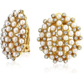 Simple Button Style Round Dome Bezel White Simulated Pearl Clip On Earrings For Women Non Pierced Ear Silver Plated Brass