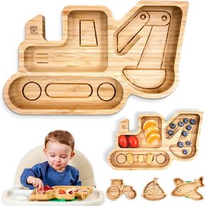 Bamboo Divided Suction Plates for Baby - Strong Suction Plates for Toddlers - Non-toxic All Natural Eco Friendly Materials - Digger