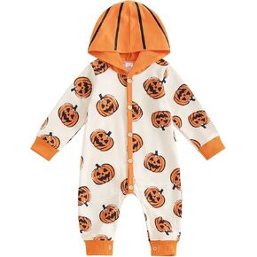 Ayalinggo Newborn Baby Girl Boy Halloween Pumpkin Hooded Outfit Ghost Romper Long Sleeve Bodysuit Infant Fall Clothes