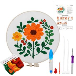 3 Set Punch Needle Embroidery Beginner Kits for Kids and Adults with Instructions, Punch Needle Fabric with Patterns, Yarns, Embroidery Hoops for Rug-Punch & Push Needle