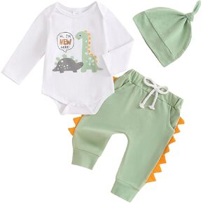 YOKJZJD 3Pcs Newborn Baby Boy Coming Home Outfit Hi I'm New Here Dinosaur Long Sleeve Romper Tops Pants Set +Hat Fall Clothes