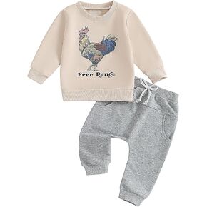 Pudcoco Toddler Baby Boys Girls Fall Clothes Farm Animal Outfit Horse Cow Chicken Sweatshirt and Jogger Pants Set