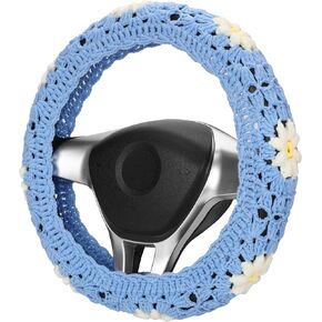 14-15'' Crochet Steering Wheel Cover Set,Vintage Handmade Daisy Granny Square Seat Belt Cover,Boho Car Interior Accessories Decoration for Women HZYZW (HZYZW09, Wheel Cover Set)