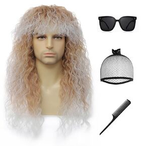 Men’s 80s Wig Mullet Wigs Halloween Costume Male Wig Punk Heavy Metal Rocker Wig Curly Long Black