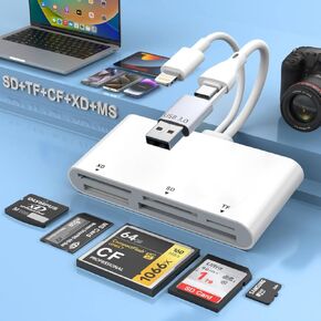 قارئ بطاقة ذاكرة USB 3.0 لـ SD/TF/CF/XD/MS/Micro SD/SDHC/MMC، متعدد 5 في 1 Lightning/USB C/USB A محول ذاكرة لهاتف iPhone 15 14 13/iPad/Android/Samsung/ ماك بوك/كمبيوتر محمول/كاميرا/قرص صلب/محرك فلاش