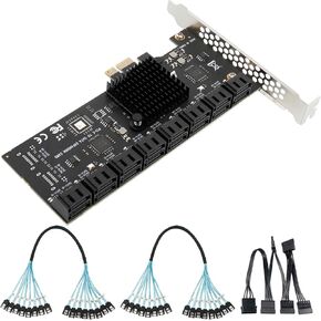 PCIE x1 SATA Card 20 Ports, PCI Express SATA3.0 6Gbps Controller Expansion Card with 20 inches SATA Bundle Cables,Without Raid, Boot as System Disk Support HDD or SSD