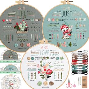 3 Sets Flower Embroidery Kit for Adults Beginner with Embroiery Pattern, Embroidery Hoops, Hand Crafts Kit (Flower)