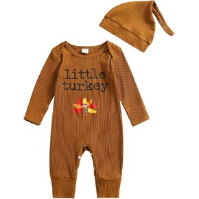 YOKJZJD ملابس لحديثي الولادة من الأولاد والبنات لعيد الشكر تركيا محبوكة بأكمام طويلة رومبير بأصفاد قفاز بذلة + قبعة ملابس خريفية in Kuwait