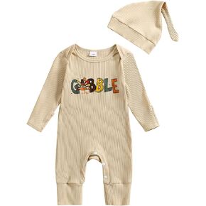 YOKJZJD Newborn Baby Boy Girl Thanksgiving Outfit Turkey Knitted Long Sleeve Romper Mitten Cuffs Jumpsuit +Hat Fall Clothes