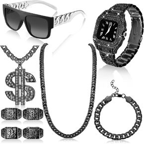 9 Pcs Hip Hop Jewelry Set Dollar Sign Pendant Necklace Bracelet Diamond Watch Punk Sunglasses Lucky Rings for Men