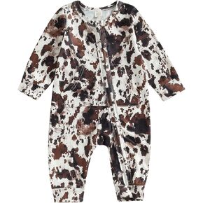 Western Baby Boy Girl Long Sleeve Jumpsuit Cow Print Zip Up Footless Onesie Romper Newborn Cowboy Fall Winter Clothes