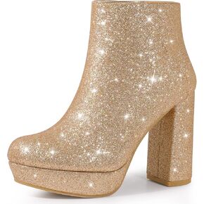 Perphy Glitter Platform Round Toe Chunky Heels Ankle Boots for Women