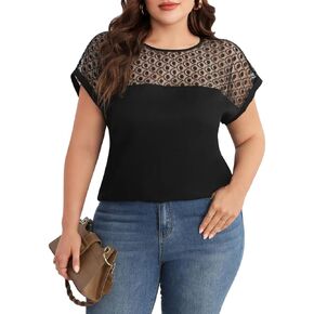 SKYAS Women's Plus Size Lace Top Short Cap Sleeve Crew Neck Blouse Shirt Tops Dressy Casual